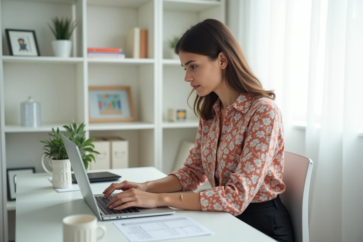 Jeune femme rédigeant un message au service client SHEIN depuis son bureau à domicile après un problème de livraison