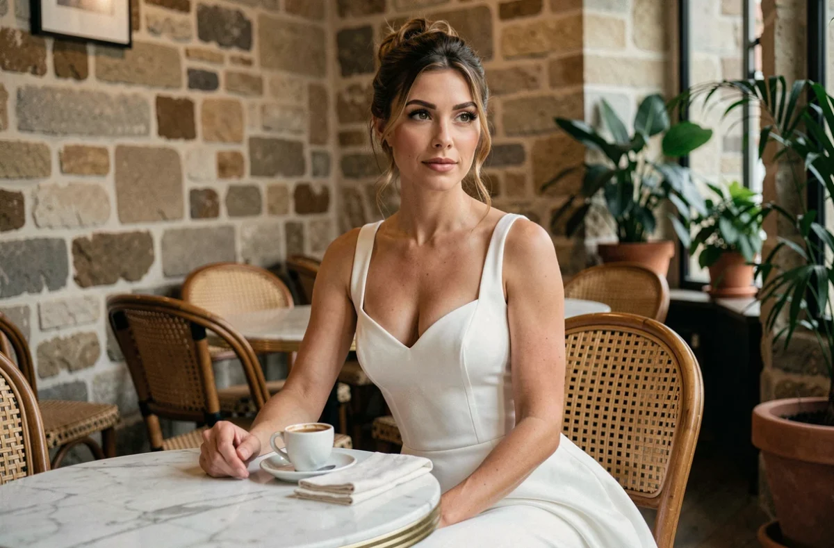 Femme en robe bustier blanche longue assise à une table de café parisien, chignon élégant