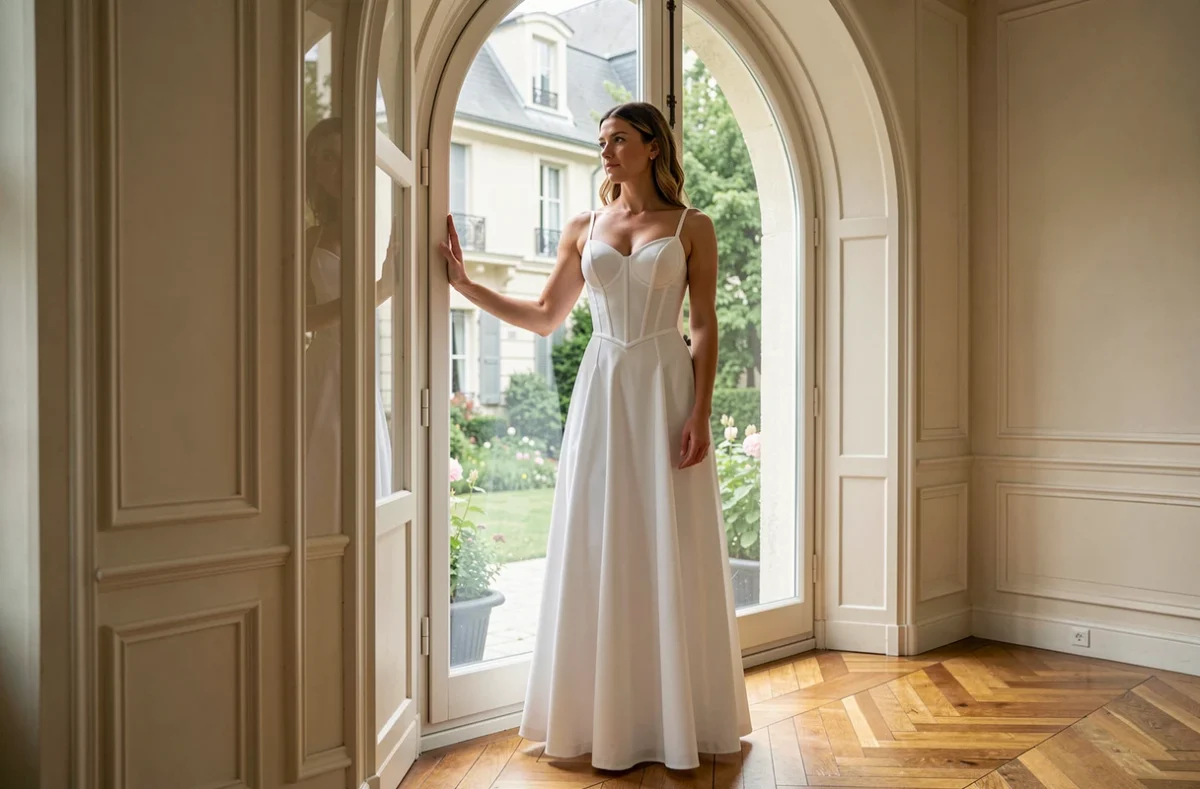 Femme en robe bustier longue blanche près d'une fenêtre en arc dans un appartement haussmannien