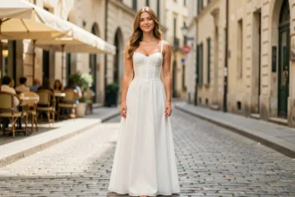 Femme en robe bustier longue blanche dans une rue pavée européenne, élégante et naturelle