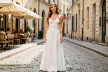 Femme en robe bustier longue blanche dans une rue pavée européenne, élégante et naturelle