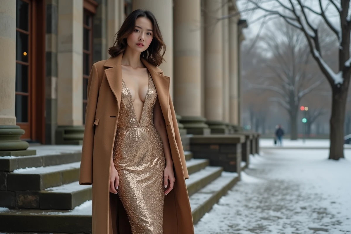 Robe dorée à sequins portée sous un manteau camel en cachemire lors d'une soirée hivernale extérieure