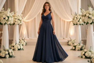 Femme ronde en robe empire longue bleu marine portée lors d'un mariage, coupe flatteuse pour ventre rond