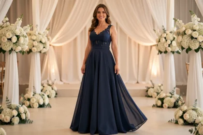 Femme ronde en robe empire longue bleu marine portée lors d'un mariage, coupe flatteuse pour ventre rond
