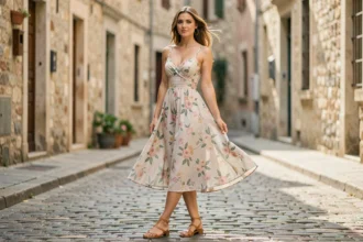 Femme en robe florale midi portant des sandales plates en cuir camel dans une rue pavée européenne, look estival et décontracté