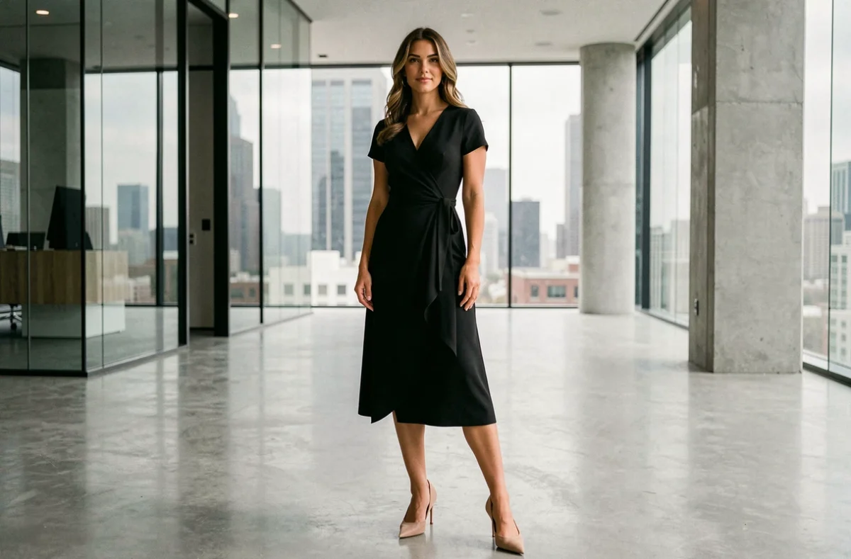 Femme en robe portefeuille noire avec escarpins nude à bout pointu dans un lobby moderne, tenue professionnelle chic et élégante