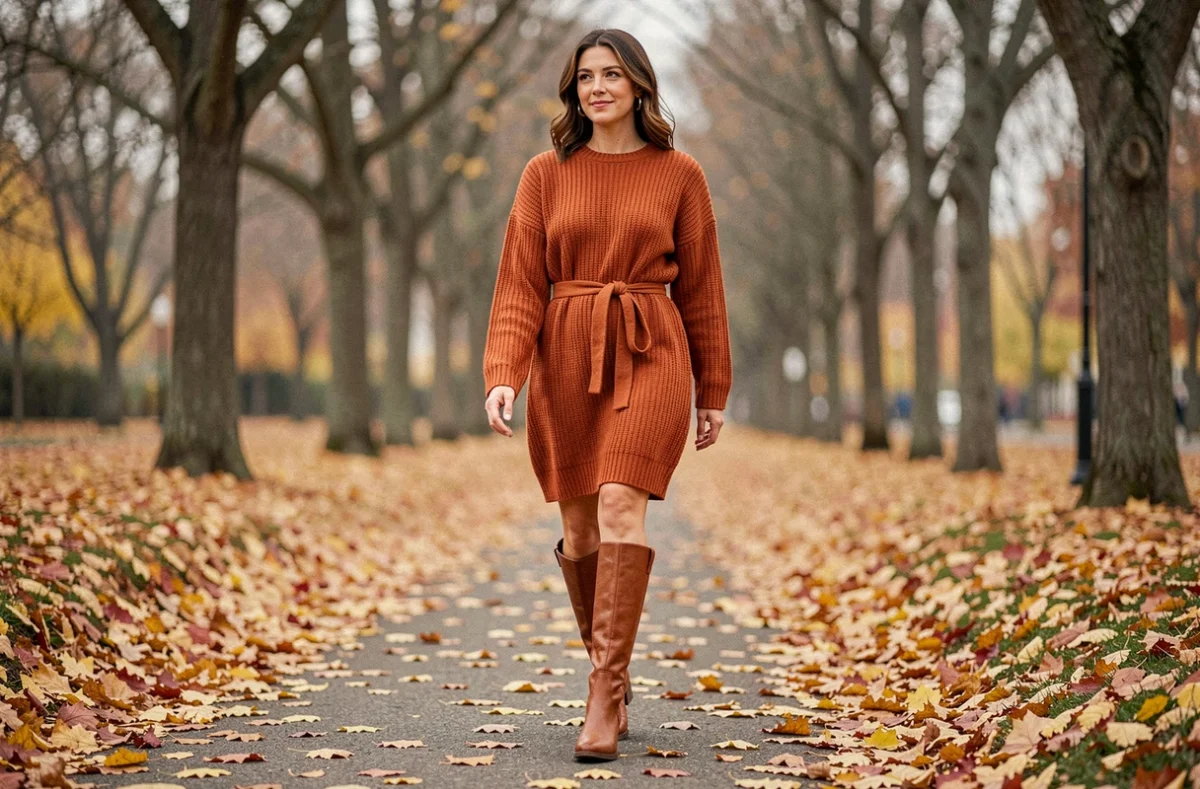 Femme en robe pull oversize rouille avec bottes en cuir marron dans un parc automnal aux feuilles dorées, association tendance robe et bottes