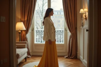 Femme portant une robe soirée dorée longue avec un blazer ivoire en laine lors d'un hiver parisien