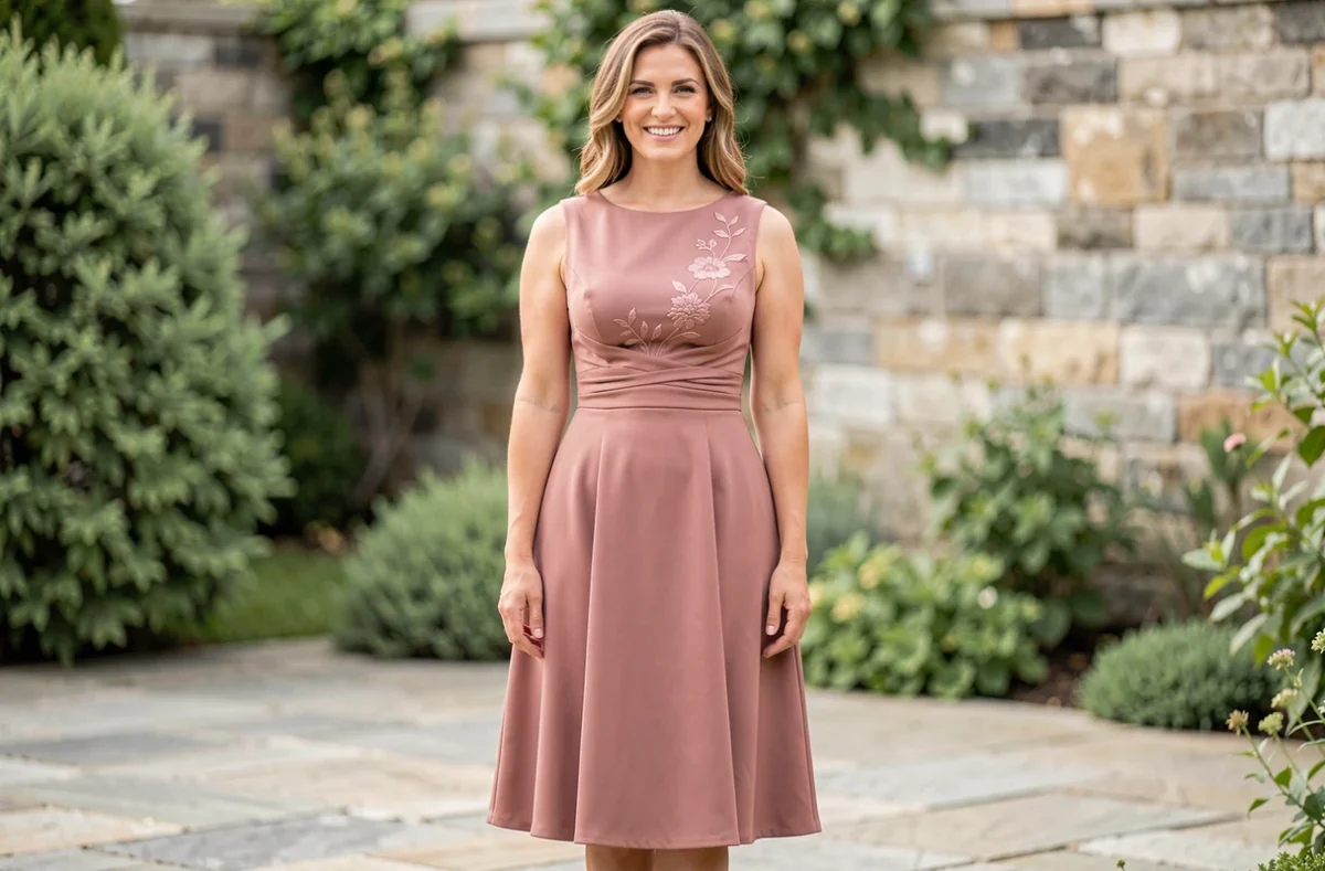 Femme portant une robe trapèze rose poudré avec fronces à la taille, coupe avantageuse pour mariage en plein air
