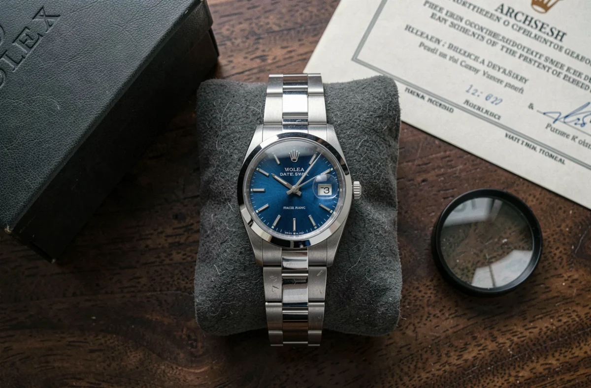 Rolex Datejust d'occasion avec boîte et papiers originaux vue de dessus