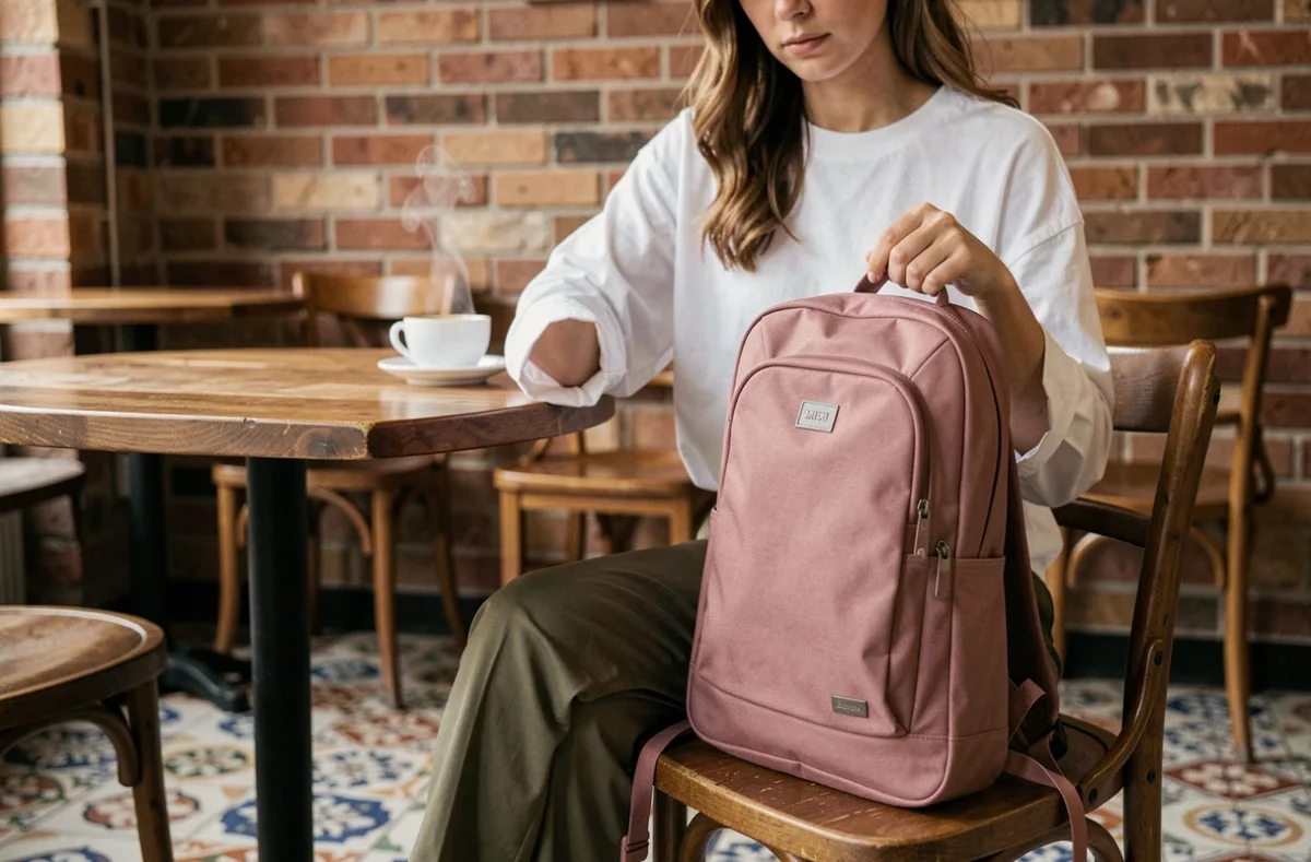 Femme posant son sac à dos léger rose poudré dans un café parisien au décor vintage