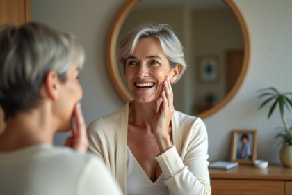 Femme d'âge moyen appliquant une crème visage dans sa chambre