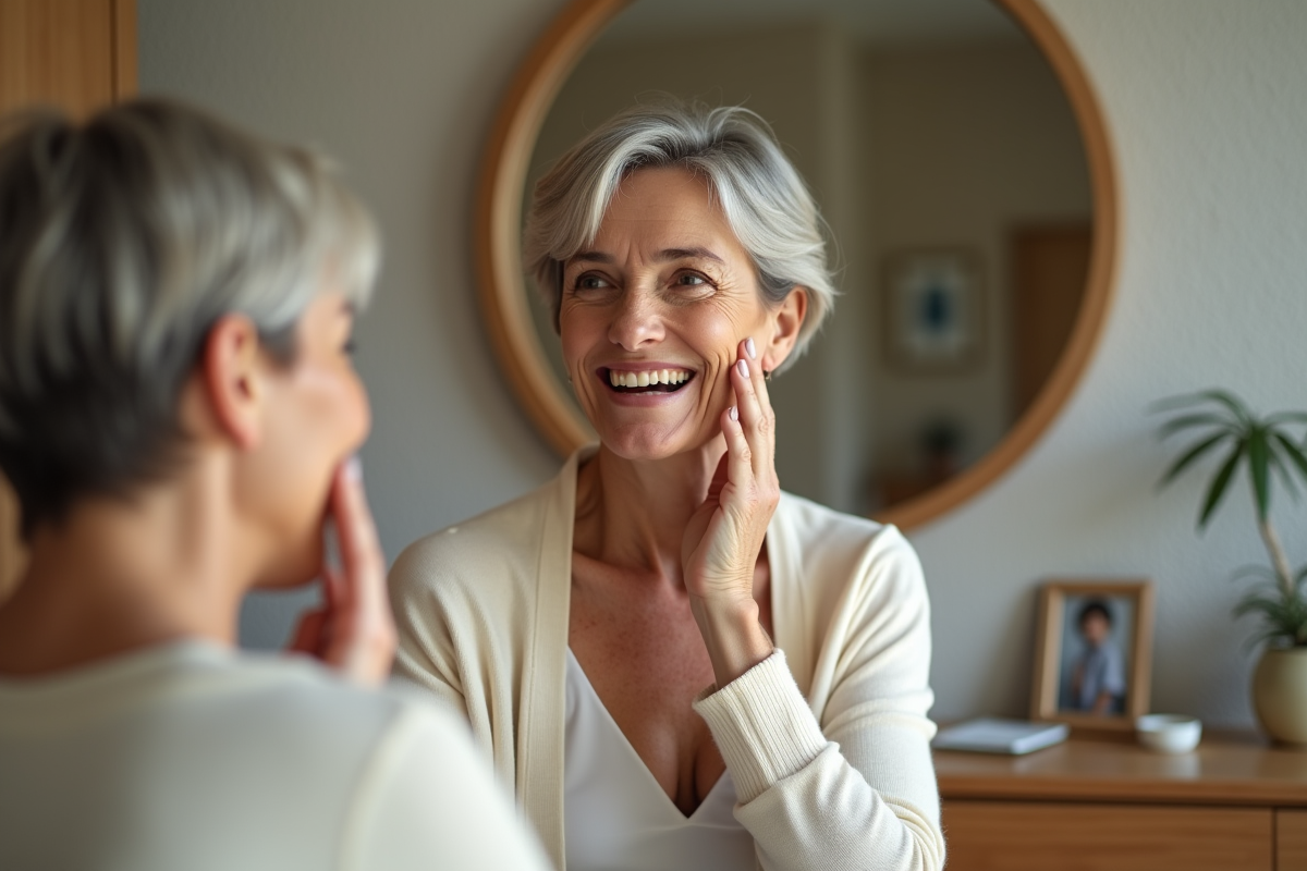 Femme d'âge moyen appliquant une crème visage dans sa chambre
