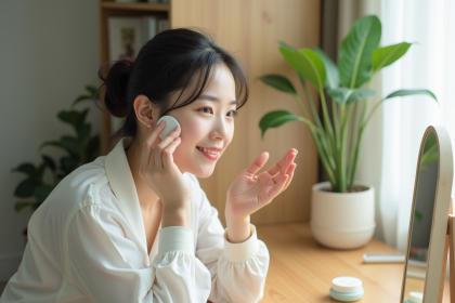 Jeune femme koreenne appliquant une creme visage dans un interieur lumineux