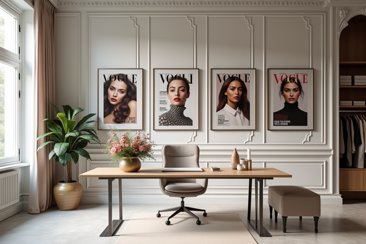 Studio de mode avec affiches Vogue et fleurs fraîches