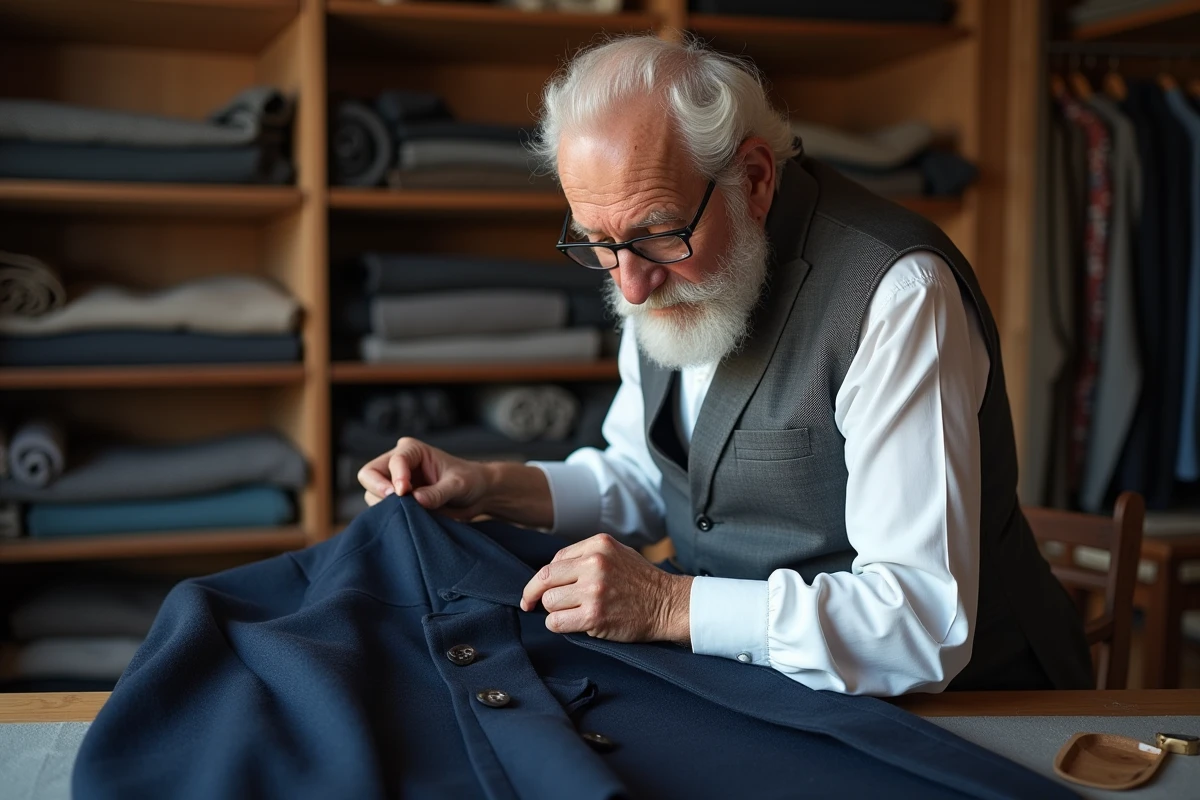 Tailleur âgé montrant comment défaire une poche de manteau