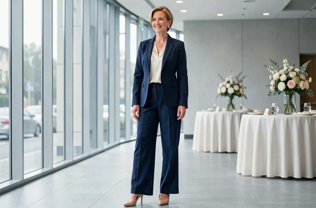 Femme élégante de plus de 50 ans en tailleur pantalon bleu marine lors d'une réception de mariage moderne