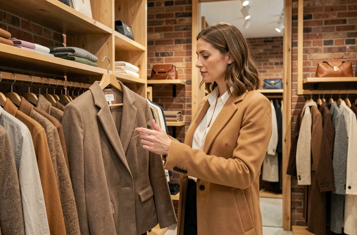 Femme élégante explorant les vêtements dans la boutique Terre de Feu à Arras
