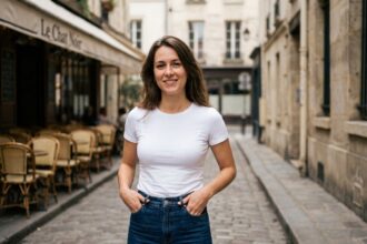 Femme portant un top blanc à manches courtes rentré dans un jean taille haute bleu foncé dans une rue pavée parisienne