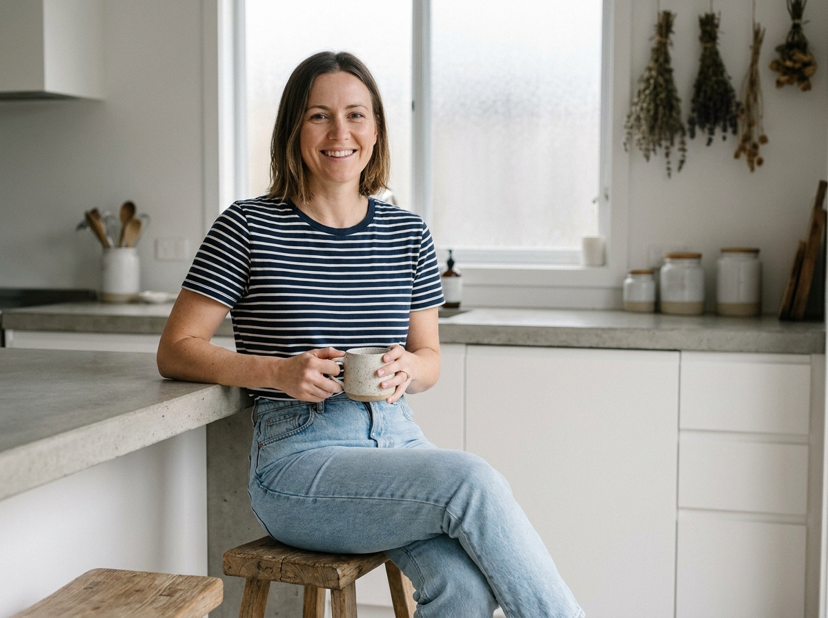 Femme en top rayé à manches courtes et jean taille haute clair assise dans une cuisine scandinave minimaliste