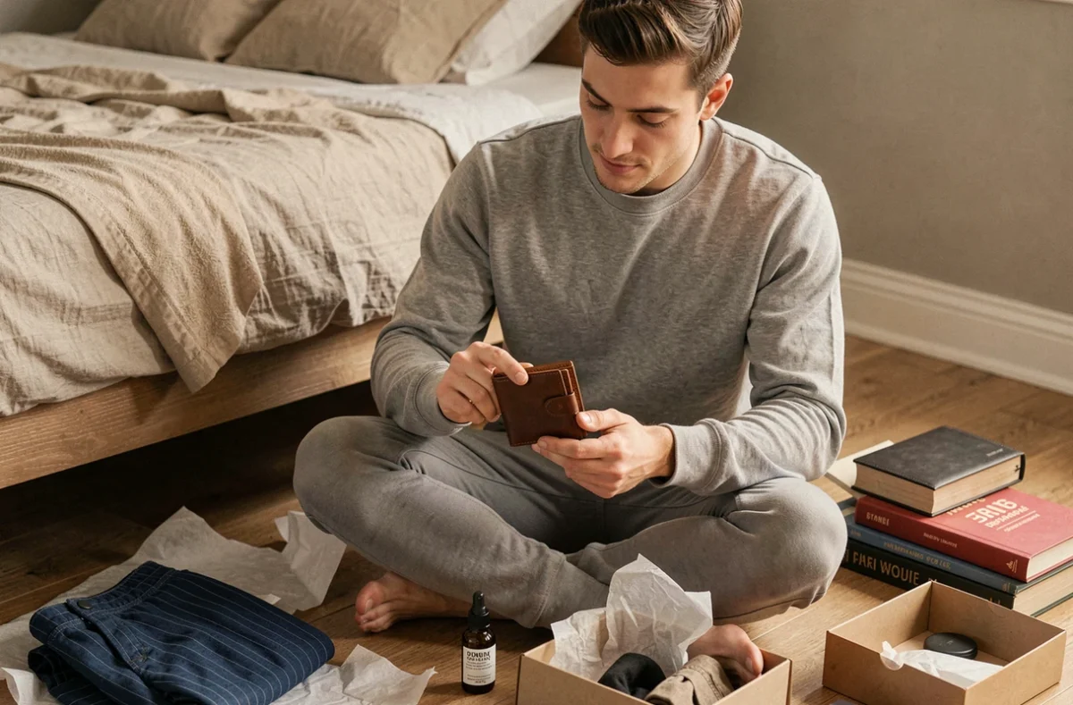 Jeune homme assis sur le sol de sa chambre entouré du contenu d'une box lifestyle masculine, examinant des accessoires de mode