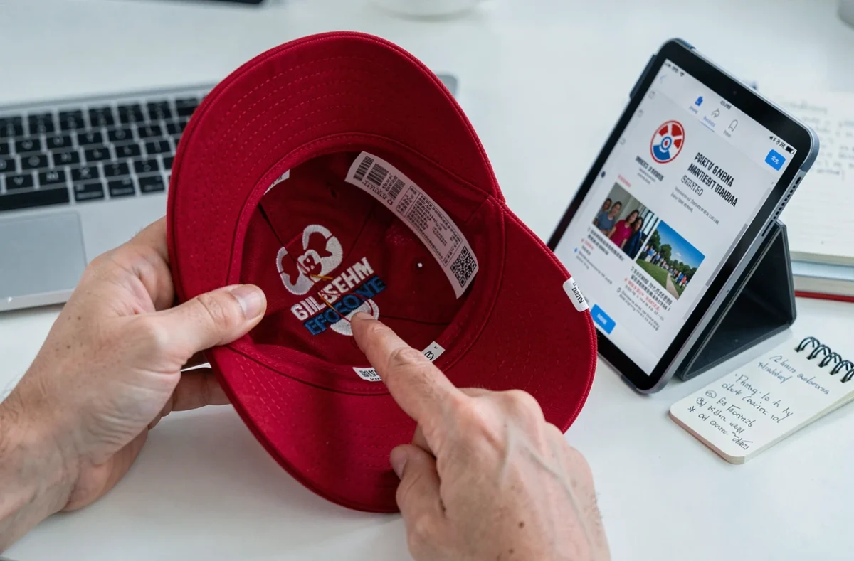 Gros plan sur l'intérieur d'une casquette America Great Again comparée à une image de référence sur tablette pour détecter une contrefaçon