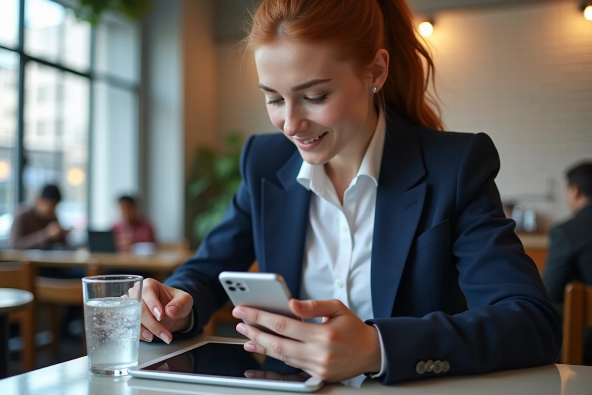 Jeune femme vérifiant les métadonnées de photos sur smartphone et tablette dans un café urbain