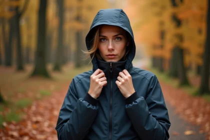 Femme ajustant la capuche amovible de sa veste dans une forêt en automne