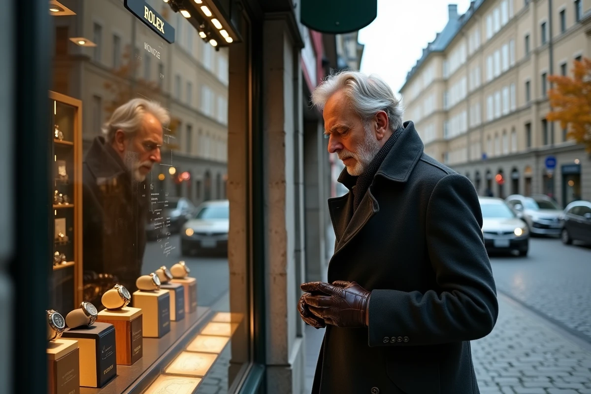 Homme devant la vitrine d'un horloger suisse à Bâle examinant des montres Rolex